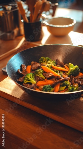 Fresh Vegetables and Beef Sizzling in a Black Skillet During Dinner Preparati...