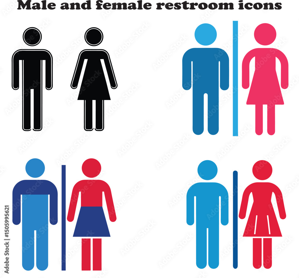 Male and female restroom icons vector displayed side by side on a clean white background for signage, public facilities, infographics, and website UI in minimal flat design style Male and female restroom icons vector displayed side by side on a clean white background for signage, public facilities, infographics, and website UI in minimal flat design style