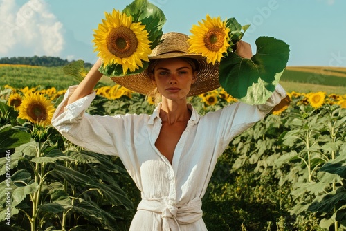 Woman in Hat Poses With Sunflowers in a Vibrant Field During Sunny Weather