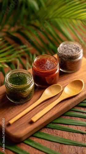 Beautifully Arranged Jars of Homemade Sauces on a Wooden Board With Natural D...