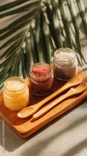 Beautifully Arranged Jars of Homemade Sauces on a Wooden Board With Natural D...