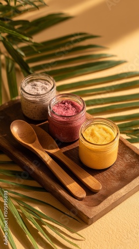 Three Vibrant Jars of Fruit Spreads on Wooden Tray Surrounded by Palm Leaves