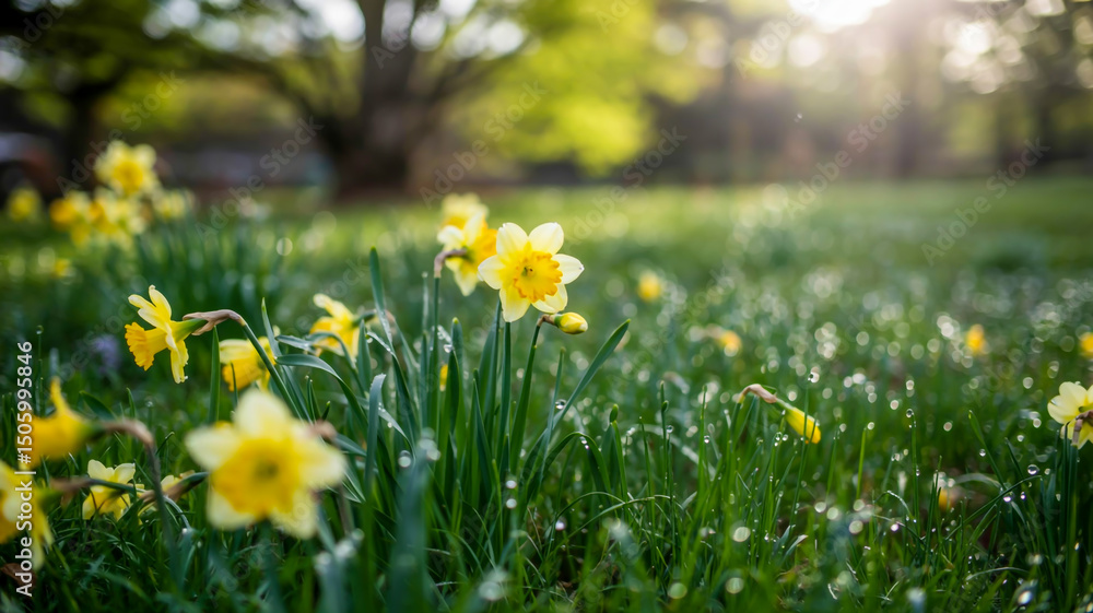 Fototapeta premium Close-up of a vibrant yellow daffodil with a dark blue center, glistening with morning dew among sparkling grass, bathed in soft sunlight with a dreamy bokeh background.