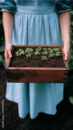 Young Gardener Holding Wooden Box With Seedlings in Sunny Garden Near Plants.