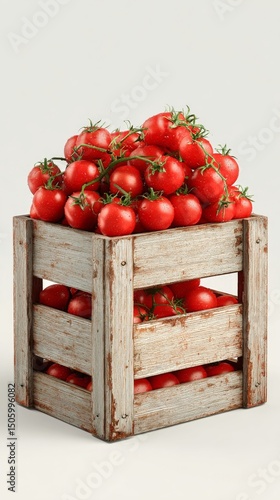 Fresh Red Tomatoes in a Wooden Crate With a Plaid Cloth Placed on a Light Bac...