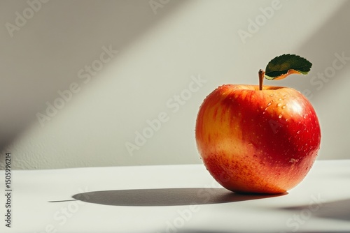 Fresh Red Apple With Water Droplets on a White Surface in Natural Light