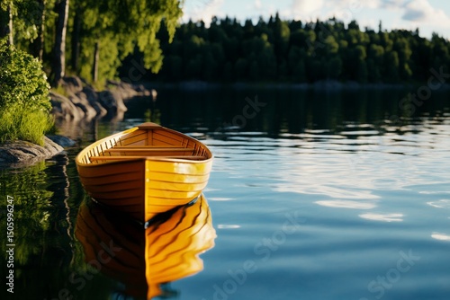 Golden Boat Resting on Calm Lake Surrounded by Lush Trees on a Sunny Afternoon