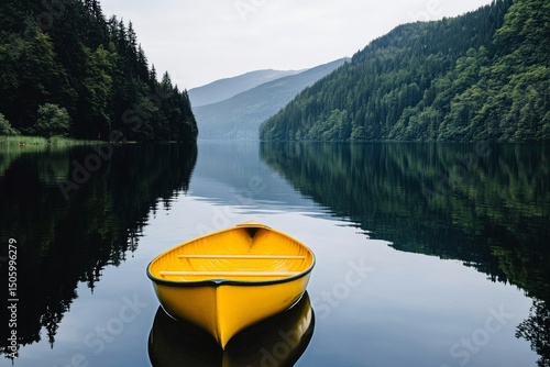 Bright Yellow Canoe Floating on a Serene Lake Surrounded by Mountains and Lus...
