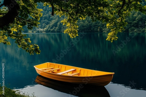 Golden Boat Resting on Calm Lake Surrounded by Lush Trees on a Sunny Afternoon.