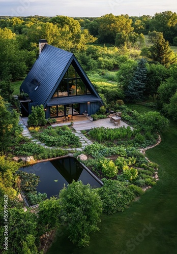Charming Modern Cabin Surrounded by Vibrant Greenery and Peaceful Pond During...