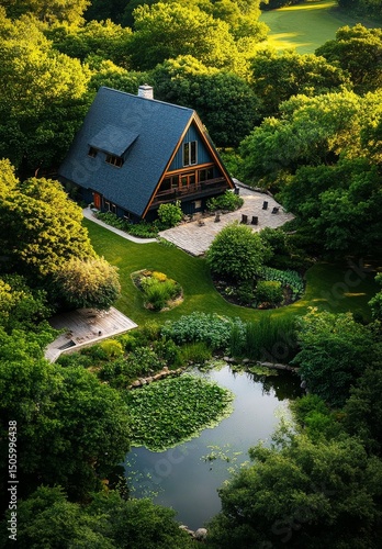 Charming Modern Cabin Surrounded by Vibrant Greenery and Peaceful Pond During...