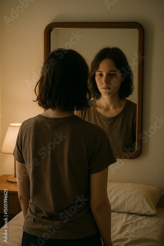 Young woman staring at herself in the mirror in dimly lit room, expressing introspection, sadness, and emotional depth.

