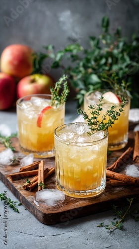 Refreshing Apple Cocktails With Thyme and Cinnamon on a Rustic Wooden Surface