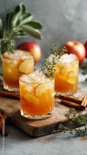 Delicious Apple Cocktails Garnished With Herbs and Spices on a Rustic Wooden ...
