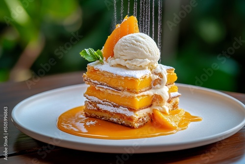 Delicious Dessert Featuring Ice Cream and Mango on a Wooden Table in a Cozy R...