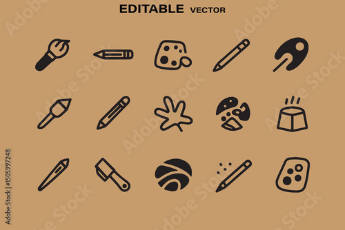 Collection of Hand Drawn Art and Craft Supplies in Black Outlines on a Tan Background