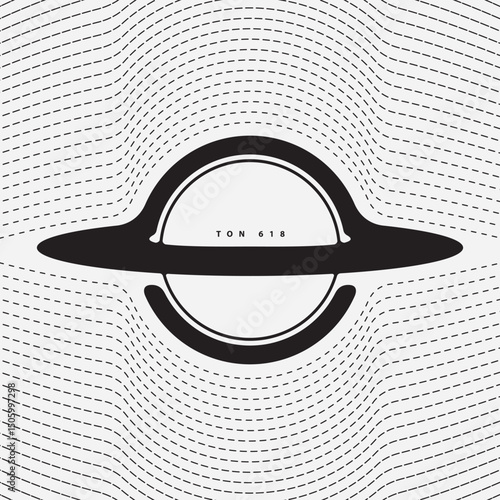 Vector minimalist logo with black hole or planet with rings with gravitational waves on the theme of space, astronomy, astrophysics and universe. t-shirt design. Not used aI