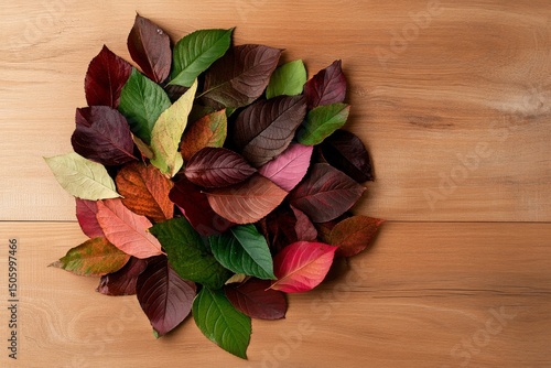 Colorful Autumn Leaves Arranged on Wooden Surface for Nature Display