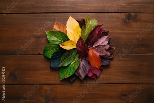 Colorful Autumn Leaves Arranged on Wooden Surface for Nature Display.