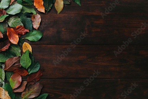 Autumn Leaves Arranged on Wooden Surface Showcasing Vibrant Colors and Textur...