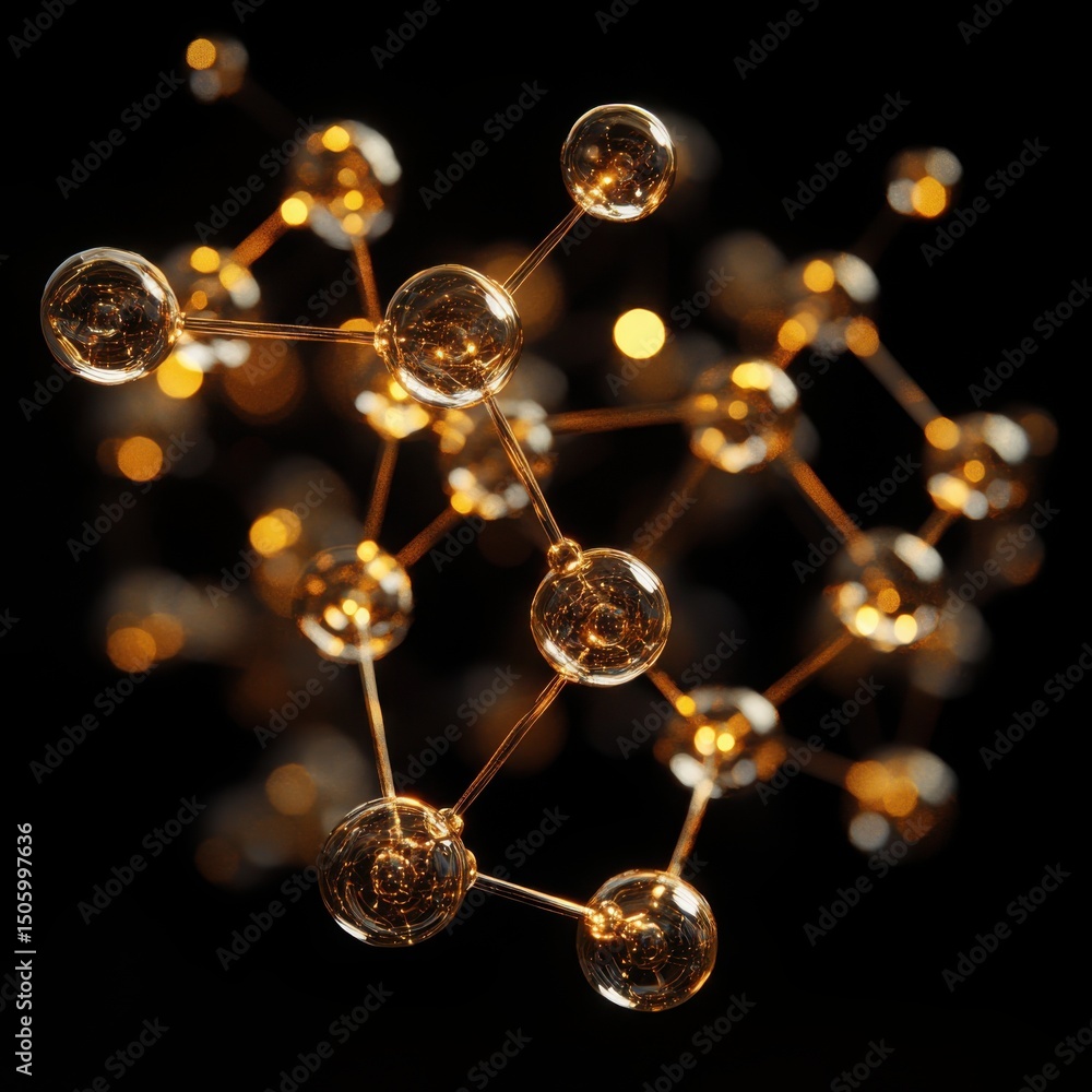 A glowing molecular structure made of interconnected golden spheres on a dark background. A glowing molecular structure made of interconnected golden spheres on a dark background.
