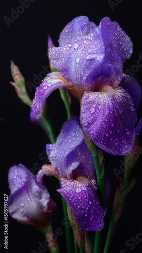 Purple Iris Flowers Displaying Raindrops in a Close-Up Arrangement Against a ...