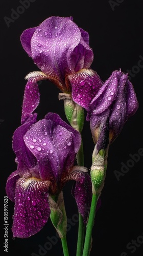 Purple Iris Flowers Displaying Raindrops in a Close-Up Arrangement Against a ...