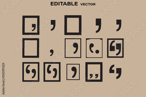 Collection of Punctuation Marks Including Commas and Quotation Marks in Black on a Neutral Background Editable Vector