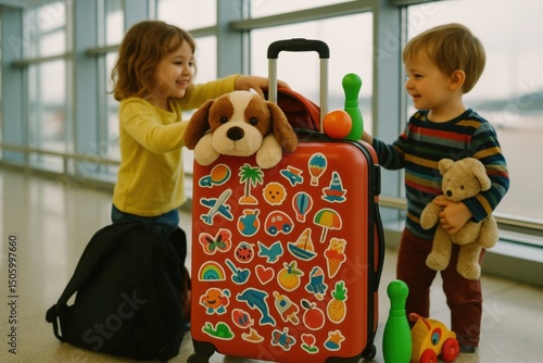 Two children play at the airport with a colorful suitcase covered in stickers. A fun and playful scene perfect for travel-related content.