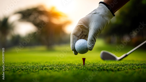Closeup of a golfer's hand placing a white golf ball on a red tee