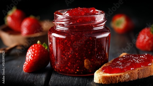 Delicious Strawberry Jam Jar With Fresh Strawberries and Toast on a Dark Back...