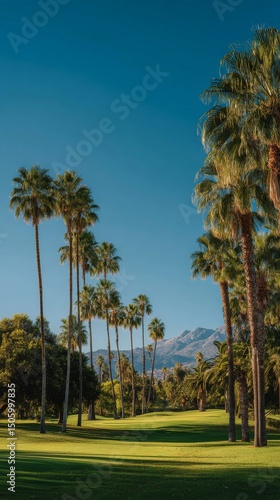 Palm Trees Line a Lush Green Golf Course Under a Clear Blue Sky Near Mountains