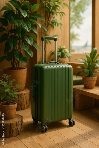 A stylish green suitcase stands in a cozy, plant-filled interior, perfect for travel and lifestyle themes.