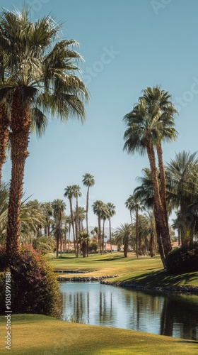 Scenic View of Palm Trees and Serene Waterway at a Golf Course in Warm Sunlight