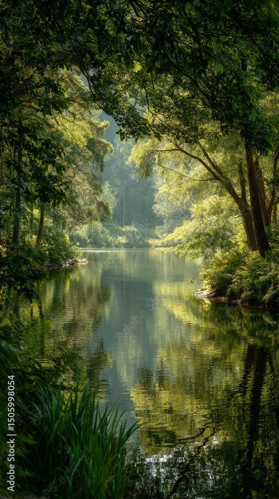 Fototapeta premium Serene Morning at a Tranquil Forest Lake With Mist Rising Above the Water.