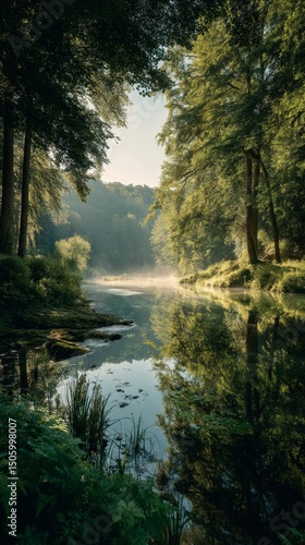 Serene Morning at a Tranquil Forest Lake With Mist Rising Above the Water
