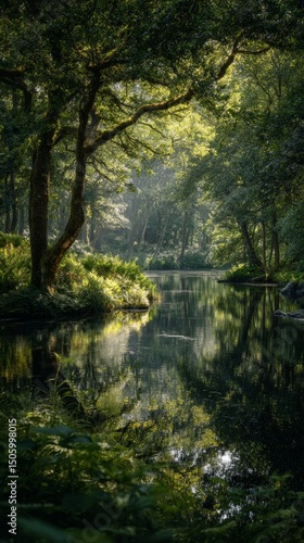 Tranquil Forest Reflection in a Serene River Surrounded by Lush Greenery at D...