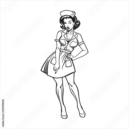 retro pinup nurse woman vintage black and white vector illustration