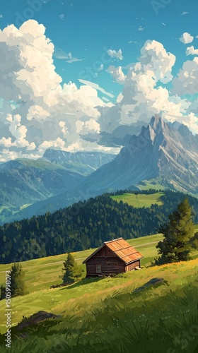 Scenic Mountain Landscape With a Rustic Cabin Surrounded by Lush Greenery and...