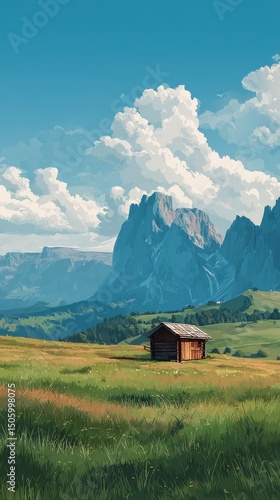 Mountain Landscape Features a Cabin Surrounded by Lush Fields Under a Blue Sky.