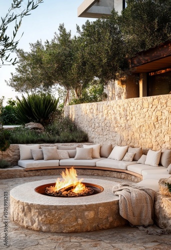 Cozy Outdoor Seating Area With Fire Pit and Lush Greenery in a Serene Garden ...