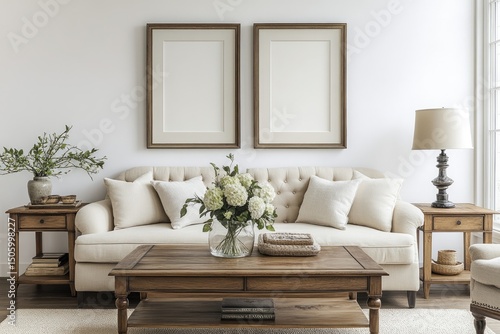 Cozy, light-filled living room with wooden furniture and two framed prints