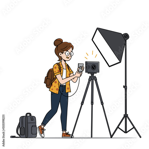 A young woman setting up a camera on a tripod with a backpack, preparing for a photoshoot