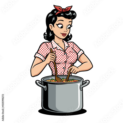 A cheerful woman in a polka dot blouse stirring a pot of soup, smiling as she cooks
