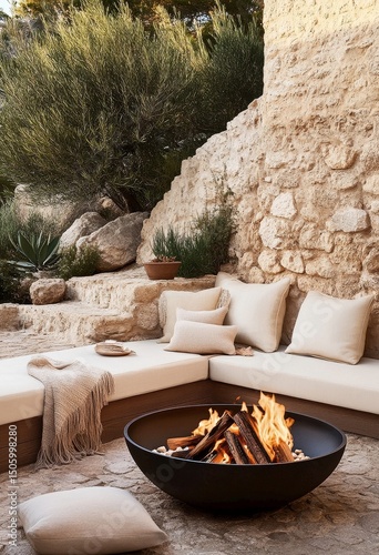 Cozy Outdoor Fireplace Setting With Modern Seating and Natural Stone Wall Nea...