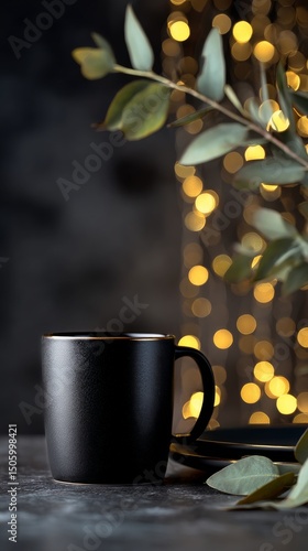 Black Mug Beside Foliage With Bokeh Background in Cozy Setting During Evening