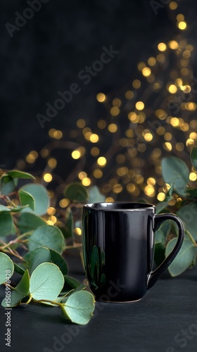Black Mug Beside Foliage With Bokeh Background in Cozy Setting During Evening.