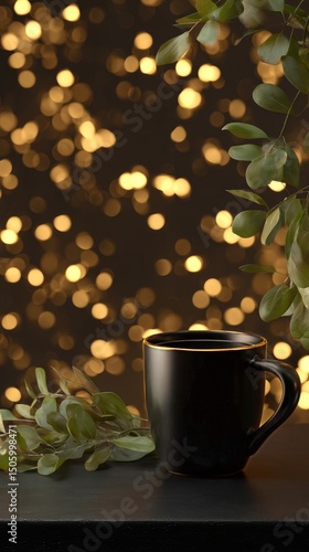 Warm Beverage in a Black Mug Beside Green Foliage With Blurred Bokeh Lights i...