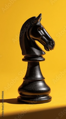 Black Chess Knight Piece on Vibrant Yellow Background Showcasing Unique Desig...