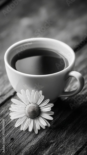 Coffee Cup With a Daisy on a Rustic Wooden Table During a Calm Morning